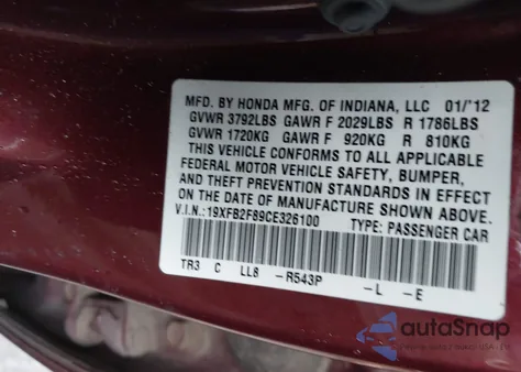 2012 Honda Civic Ex z USA, uszkodzony, nr VIN 19XFB2F89CE326100